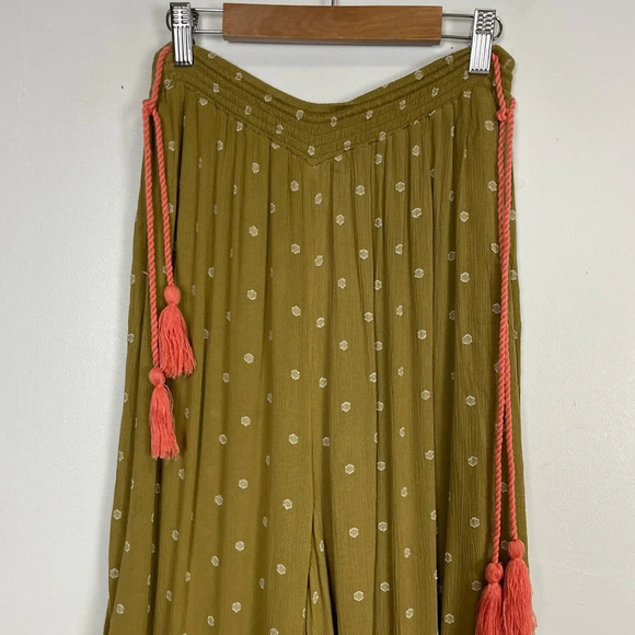 Free People Hearts Rising Pants Womens Large Embroidered Moss Green Tassels - Picture 4 of 10